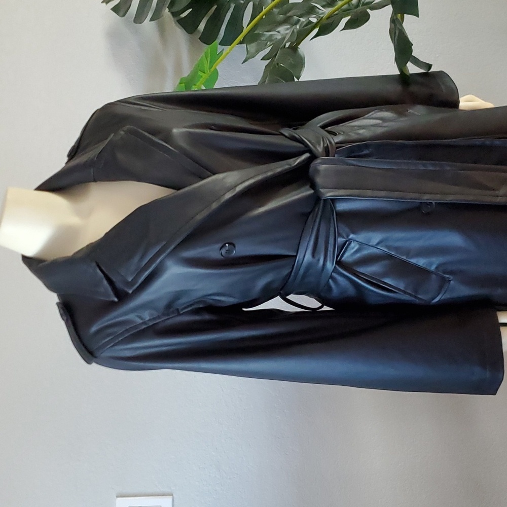 Black Faux Vegan Leather long belted Trench Coat S womens - Picture 5 of 13